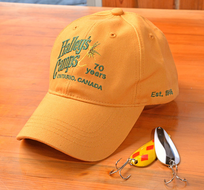 Halley's ball cap and fishing lures.