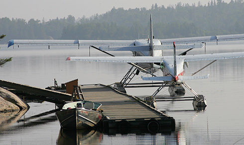 Two docked float planes.