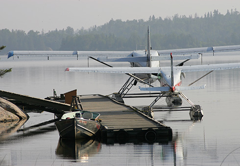 Two docked float planes.