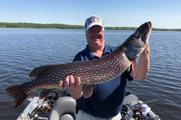 A guest at Kettle Falls shows off his trophy northern pike catch.