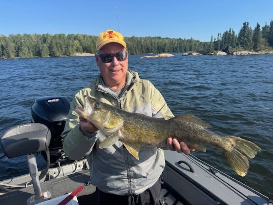 Man holding up a walleye on a lake in a boat fishing with trees behind him