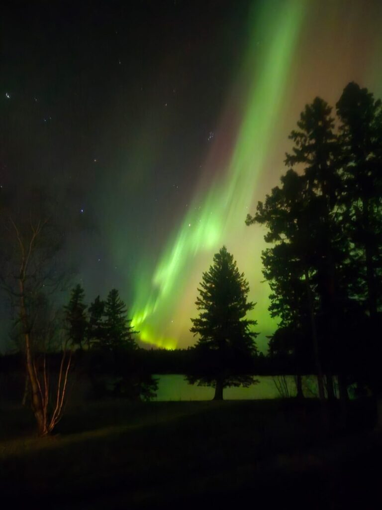 Northern lights in bright green strips in the sky