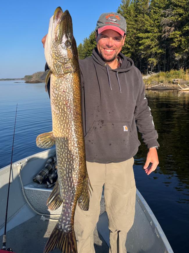Man with the sun shining on him standing in a boat with a northern pike that is 1/2 as tall as the man is!!